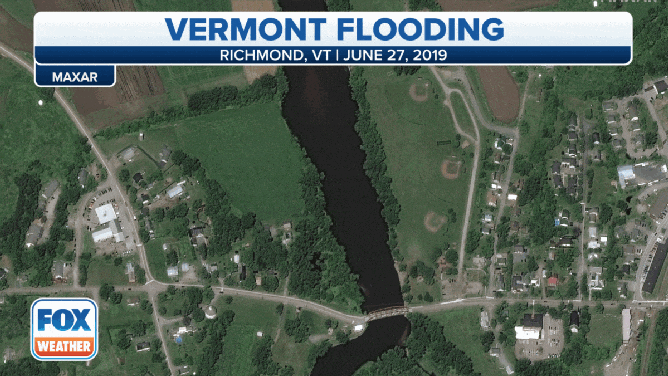 Before-and-after photos show the effects of flooding in Richmond, Vermont.