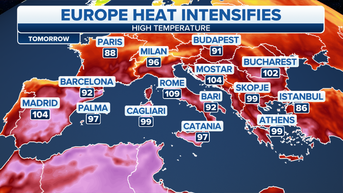 Forecast high temperatures in Europe on Thursday, July 27, 2023.