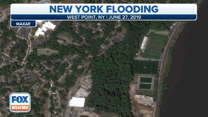 Before-and-after photos show the effects of flooding in West Point, New York.