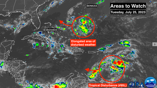 Satellite imagery of a new disturbance and Invest 95L in the Atlantic.