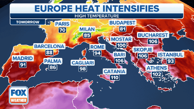 The forecast high temperatures in Europe through Thursday, July 27, 2023.