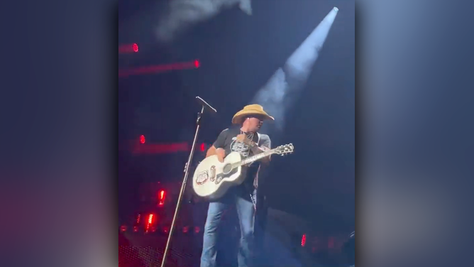 A video shared by K.C. Schweizer obtained by TMX shows country star Jason Aldean backing away from the microphone before running off stage during his hit "Crazy Town" at the Xfinity Theatre in Hartford, Connecticut, on Saturday, July 15, 2023.