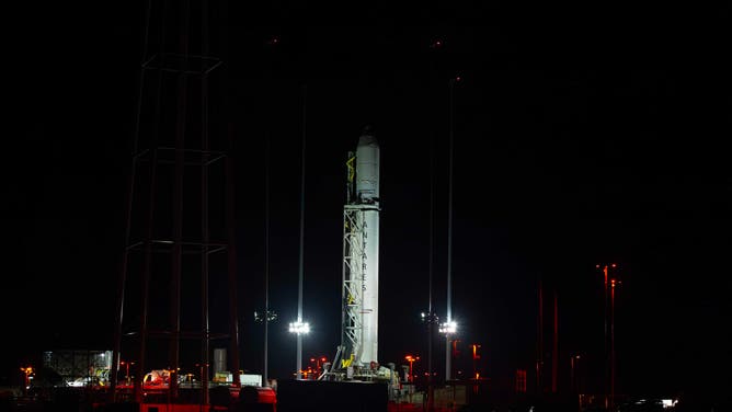 A Northrop Grumman Antares rocket carrying a Cygnus spacecraft loaded with cargo bound for the International Space Station stands vertical on Mid-Atlantic Regional Spaceport’s Pad-0A, Saturday, July 29, 2023, at NASA's Wallops Flight Facility in Virginia.