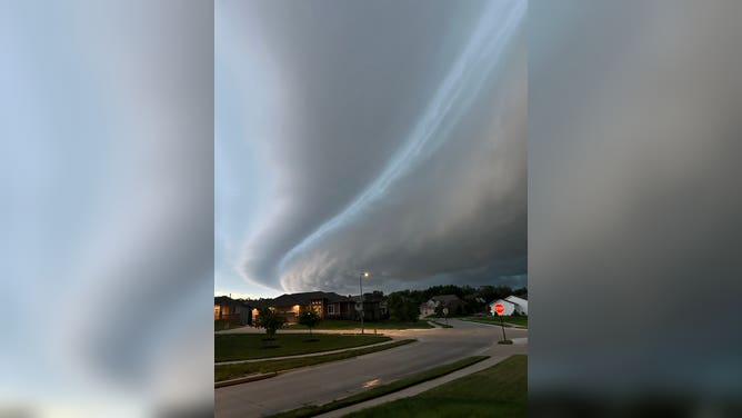 A shelf cloud is seen moving over West Omaha, Nebraska, on Wednesday, July 12, 2023.