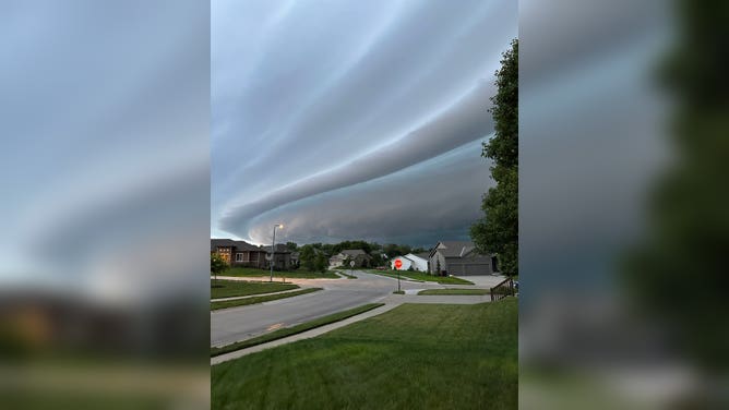 A shelf cloud is seen moving over West Omaha, Nebraska, on Wednesday, July 12, 2023.