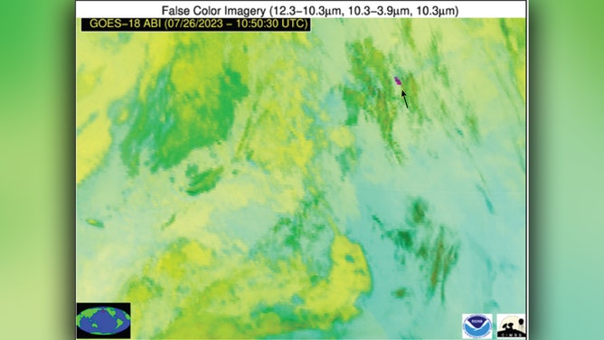 False-color satellite imagery of ash emissions.