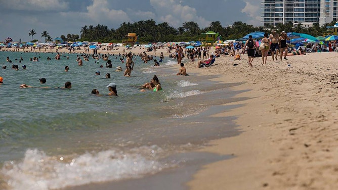 People enjoy the sargassum free beach on Monday, July 3, 2023, in Miami Beach, Florida. (Alie Skowronski/Miami Herald/Tribune News Service via Getty Images)