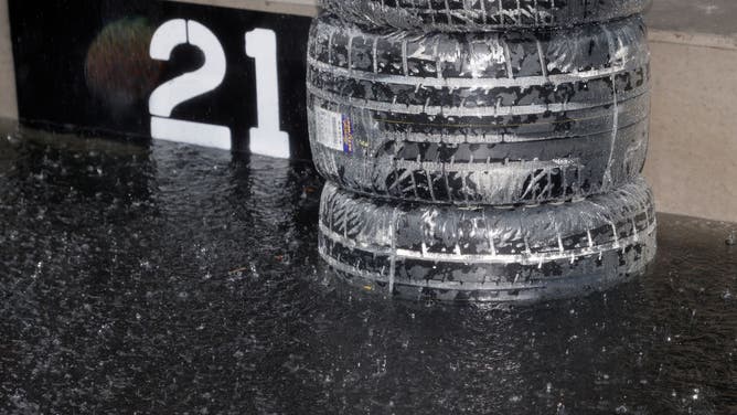 A detail view of Goodyear Racing Eagle tires during a weather delay of the NASCAR Cup Series Grant Park 220 at the Chicago Street Course on July 02, 2023 in Chicago, Illinois.