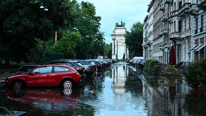 A general view shows a flooded street in Milan on July 25, 2023 after an overnight rainstorm hit the city.