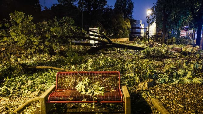 A general view of storm damage and fallen trees on July 25, 2023 in Monza, Italy.