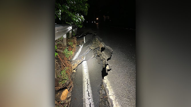 Flooding damaged roads throughout the Washington Crossing area of Upper Makefield Township in Bucks County, Pennsylvania, on Saturday, July 15, 2023.