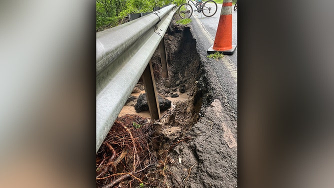 Flooding damaged roads throughout the Washington Crossing area of Upper Makefield Township in Bucks County, Pennsylvania, on Saturday, July 15, 2023.