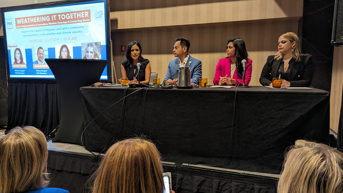 FOX Weather meteorologist Marissa Torres and Craig Herrera, alongside FOX Weather correspondent Nicole Valdes and FOX Weather senior producer Valeria Lacourciere speak at the National Associated of Hispanic Journalists convention on July 13, 2023.