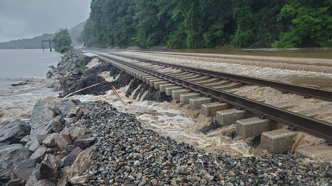 This image shows water covering railroad tracks in New York state on Sunday, July 9, 2023. Flooding was reported across the lower Hudson Valley after torrential rain.