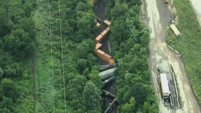 An image showing a train that derailed in Pennsylvania on Monday, July 17, 2023.
