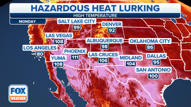 Forecast high temperatures across the Southwest on Monday.