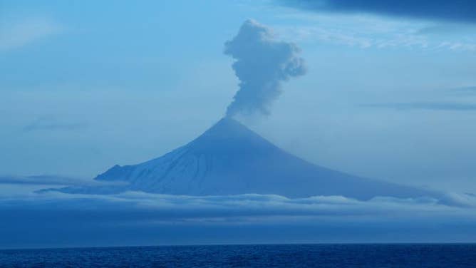 A steam and ash explosion from the Shishaldin Volcano in Alaska on July 14, 2023.