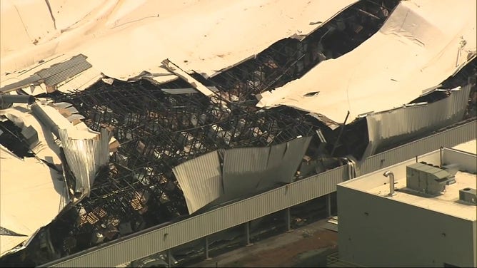 Significant damage is seen at a Pfizer facility in Rocky Mount, North Carolina, after a tornado on Wednesday, July 19, 2023.
