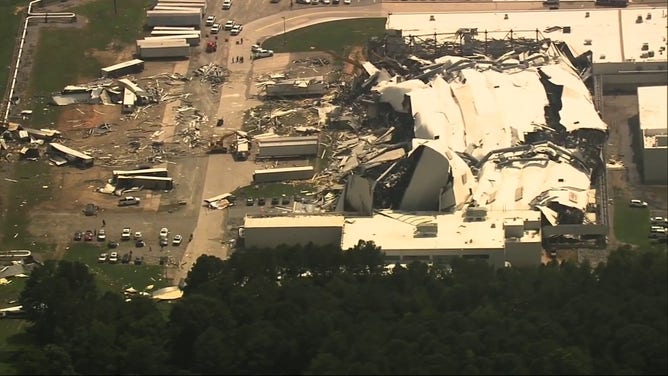 Debris is seen scattered in all directions at a Pfizer facility in Rocky Mount, North Carolina, after a tornado on Wednesday, July 19, 2023.