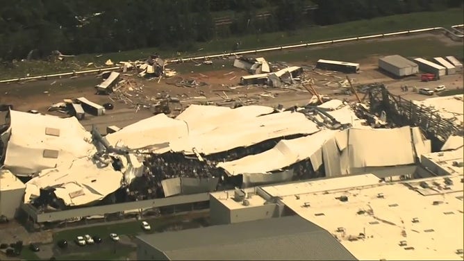 A Pfizer facility in Rocky Mount, North Carolina, is seen significantly damaged after it was hit by a tornado on Wednesday, July 19, 2023.