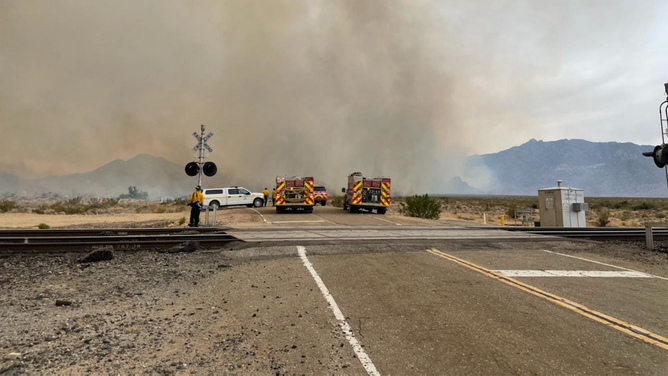 Smoke is seen as the York Fire continues to burn on the California/Nevada border on July 30, 2023.