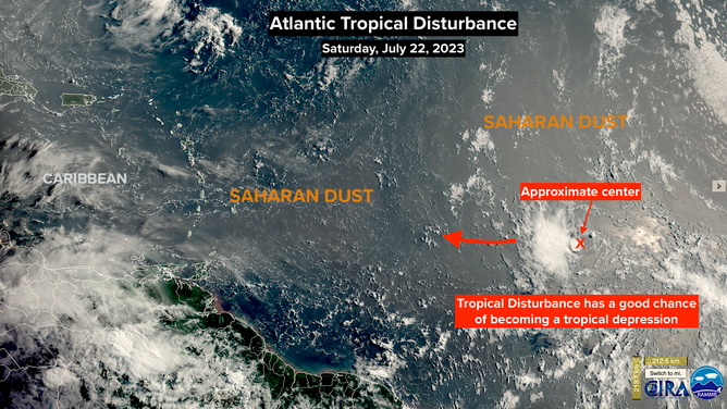 The Tropical Disturbance we’ve been watching – NHC-tagged Invest 95L – is about halfway across the tropical Atlantic from Africa to the Caribbean.