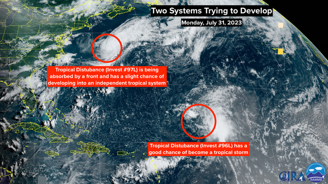 Satellite images of two disturbances in the Atlantic.