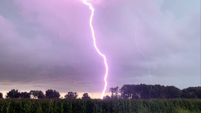 A lightning bolt hits the ground near Jonesboro, Arkansas, on July 18, 2023.