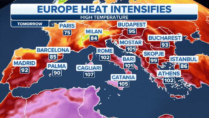 Forecast high temperatures across Europe through Thursday, July 27, 2023.