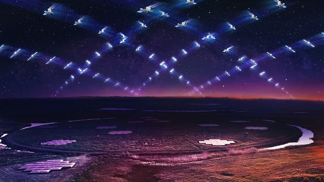 Artist’s impression of a large satellite constellation in low Earth orbit circling above the LOFAR telescope.
