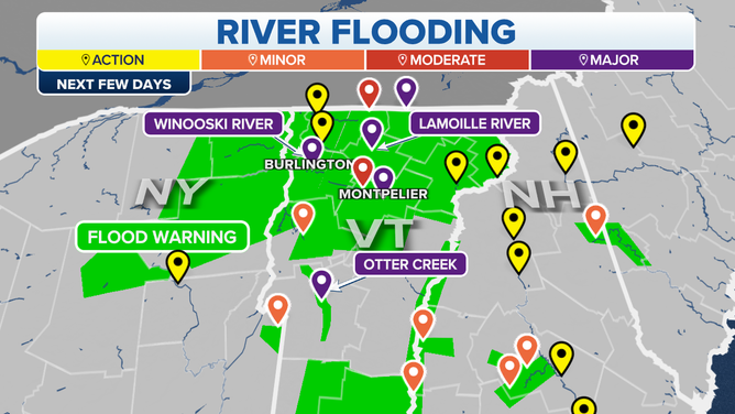 Forecast river flooding in Vermont over the next few days.