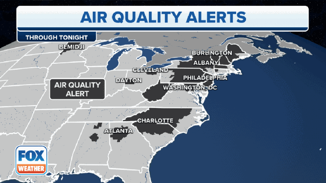 Current air quality alerts across the eastern half of the U.S. on Tuesday, July 18, 2023.