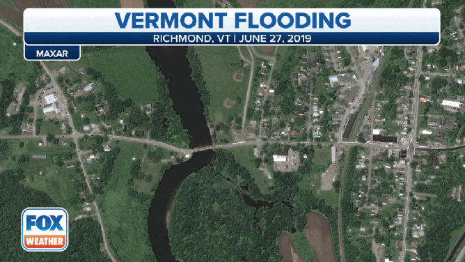 Before-and-after photos show the effects of flooding in Richmond, Vermont.