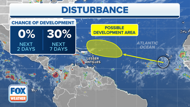 The National Hurricane Center is tracking a tropical disturbance in the Atlantic off the coast of Africa that has a 30% chance of development over the next seven days.