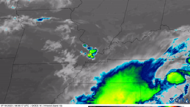 This 12-hour time lapse satellite imagery by the Cooperative Institute for Research in the Atmosphere (CIRA) at Colorado State University shows constant rain and storms over western Kentucky where catastrophic flooding unfolded Wednesday, July 19, 2023.