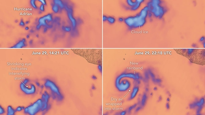 This series of still images, produced with data acquired by TROPICS, shows structural changes within Hurricane Adrian as the storm intensified.