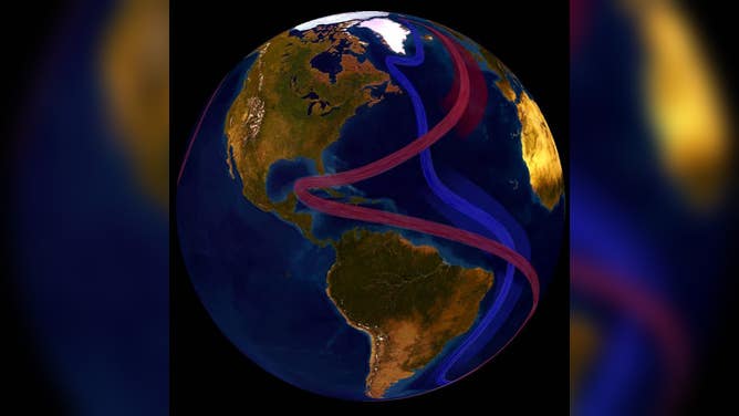 The global conveyor belt, shown in part here, circulates cool subsurface water and warm surface water throughout the world. The Atlantic Meridional Overturning Circulation is part of this complex system of global ocean currents.