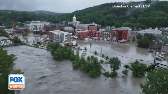Daylight drone video shows catastrophic flooding submerging downtown Montpelier, Vermont