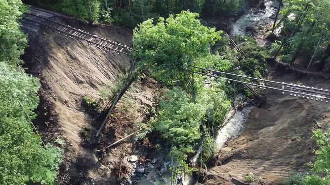 The day after the catastrophic flood in Ludlow, Vermont, is seen in drone video captured by Pat Moore on Tuesday, July 11, 2023.