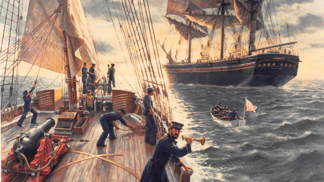 U.S. Revenue Cutter Morris - A painting by Gil Cohen entitled: "Inspection of a Merchant Ship." Painting depicts crew of the Revenue Cutter Morris preparing to board the passenger ship Benjamin Adams on 16 July 1861. Published in Moments in History - The 200th Anniversary of the U.S. Coast Guard (Washington, DC: USCG Historians Office), 1990, pages 11-12.