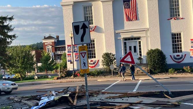 Debris from severe weather damages in Paoli, Indiana on Aug. 7, 2023.