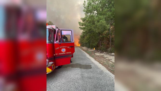 Crews from St. Tammany Parish Fire Department help fight the Tiger Island Fire in Beauregard Parish, Louisiana on Aug. 28, 2023. (Image: St. Tammany Parish Fire Protection District #2)