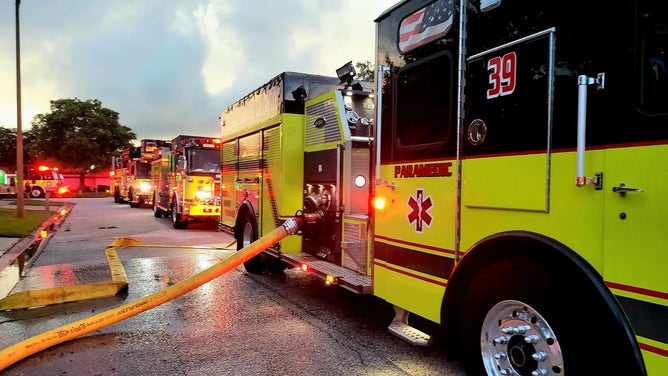 Firefighters respond to fire cause by lightning strike.