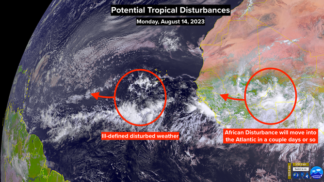 Satellite view of the Atlantic basic with two potential disturbances being tracked for development