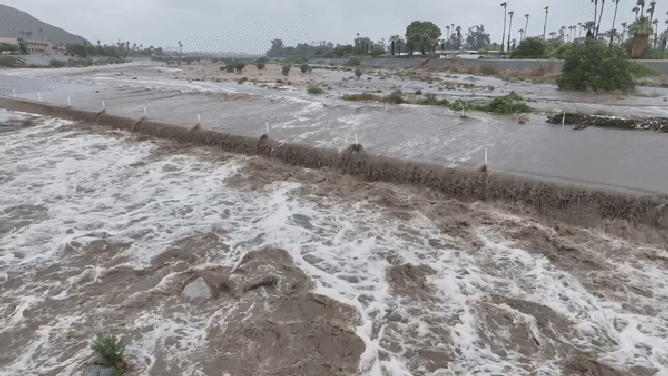 An image showing catastrophic flooding in Palm Springs, California, due to the effects of Tropical Storm Hilary on Sunday, August 20, 2023.