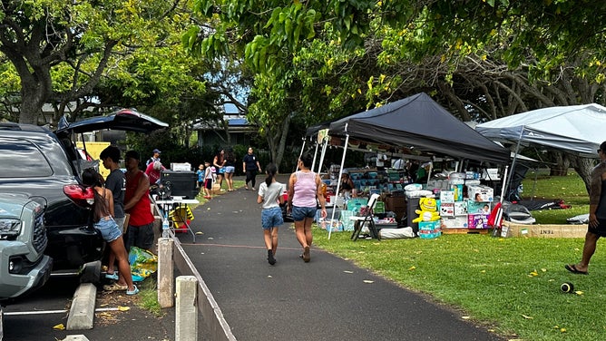 A distribution site in Maui run by volunteers where residents can pick up food and supplies.