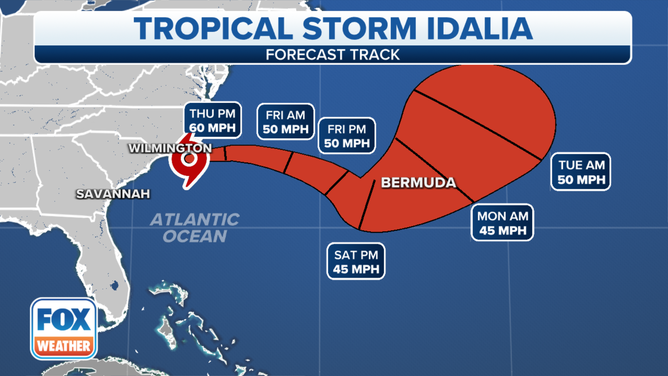 The forecast track of Tropical Storm Idalia.
