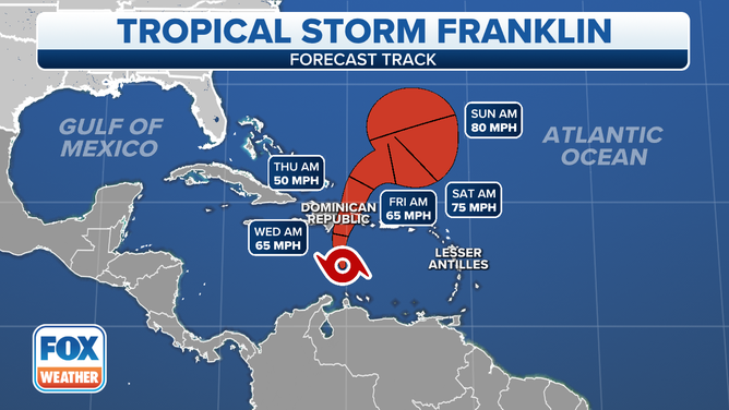 The forecast track for Tropical Storm Franklin on Tuesday, August 22, 2023.
