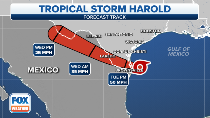 The forecast track of Tropical Storm Harold on Tuesday, August 22, 2023.