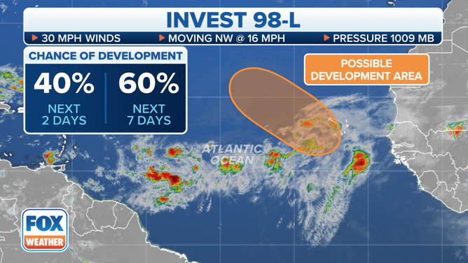 The latest on Invest 98L in the Atlantic Ocean.